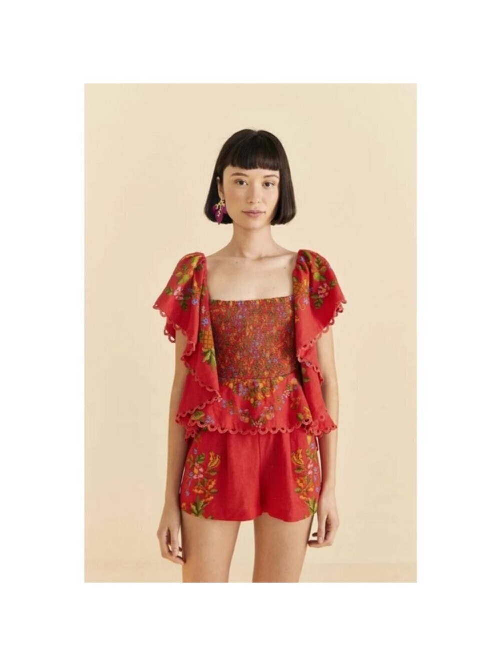 FARM Rio Red Floral Embroidered Ruffle Romper - Picture 1 of 9